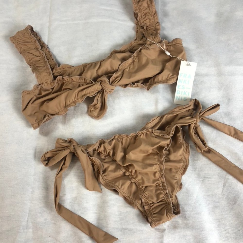 Frankie's Bikinis Tan Ruffle Tie-Side Bikini Set